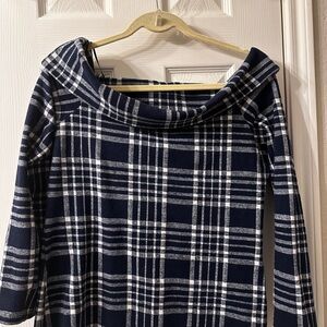 Navy and White Plaid Off-Shoulder Top. boat neck